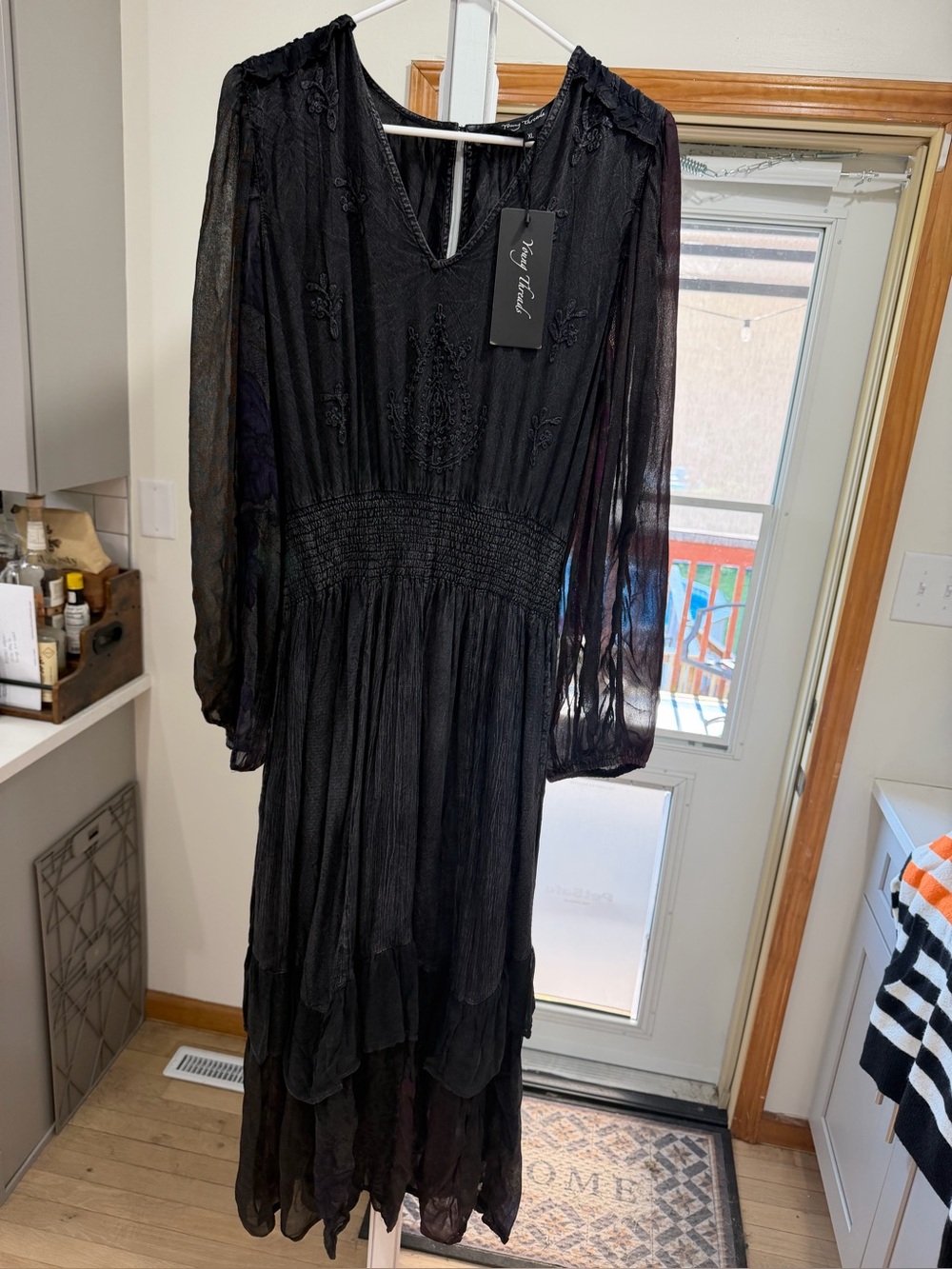 Smocked Waist V-Neck Long Sleeve Maxi Dress - Black - Picture 2 of 4